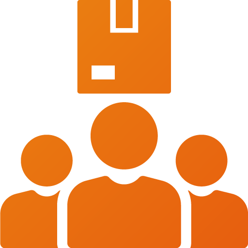 Orange illustration of a box above three people, likely representing teamwork or a delivery.