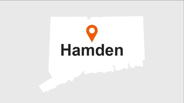Map of Connecticut with a marker indicating the location of Hamden.