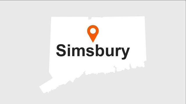 Map of Connecticut with a marker indicating the location of Simsbury.