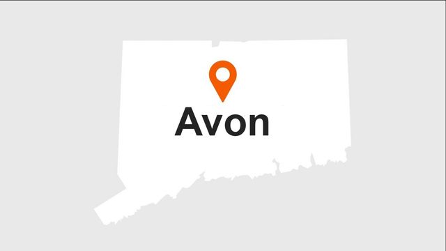 Map of Connecticut with a location pin marking Avon.