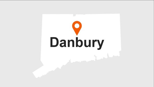 Map of Connecticut with Danbury marked by an orange location pin.