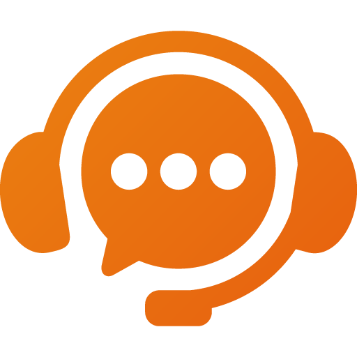 Orange headset icon with speech bubble and three dots.
