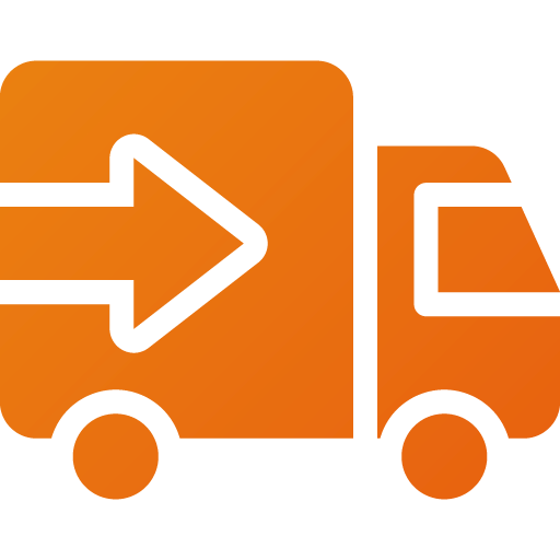 Orange delivery truck with a white arrow.