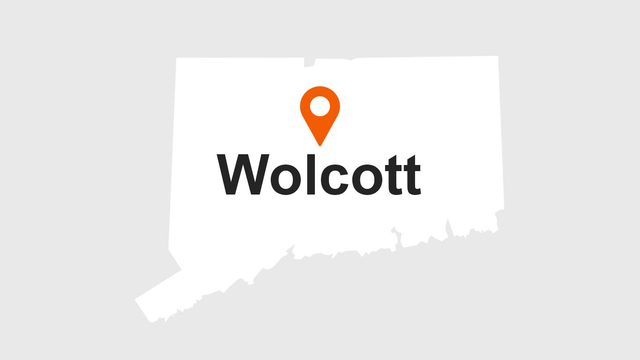 Map of Connecticut with a marker indicating the location of Wolcott.