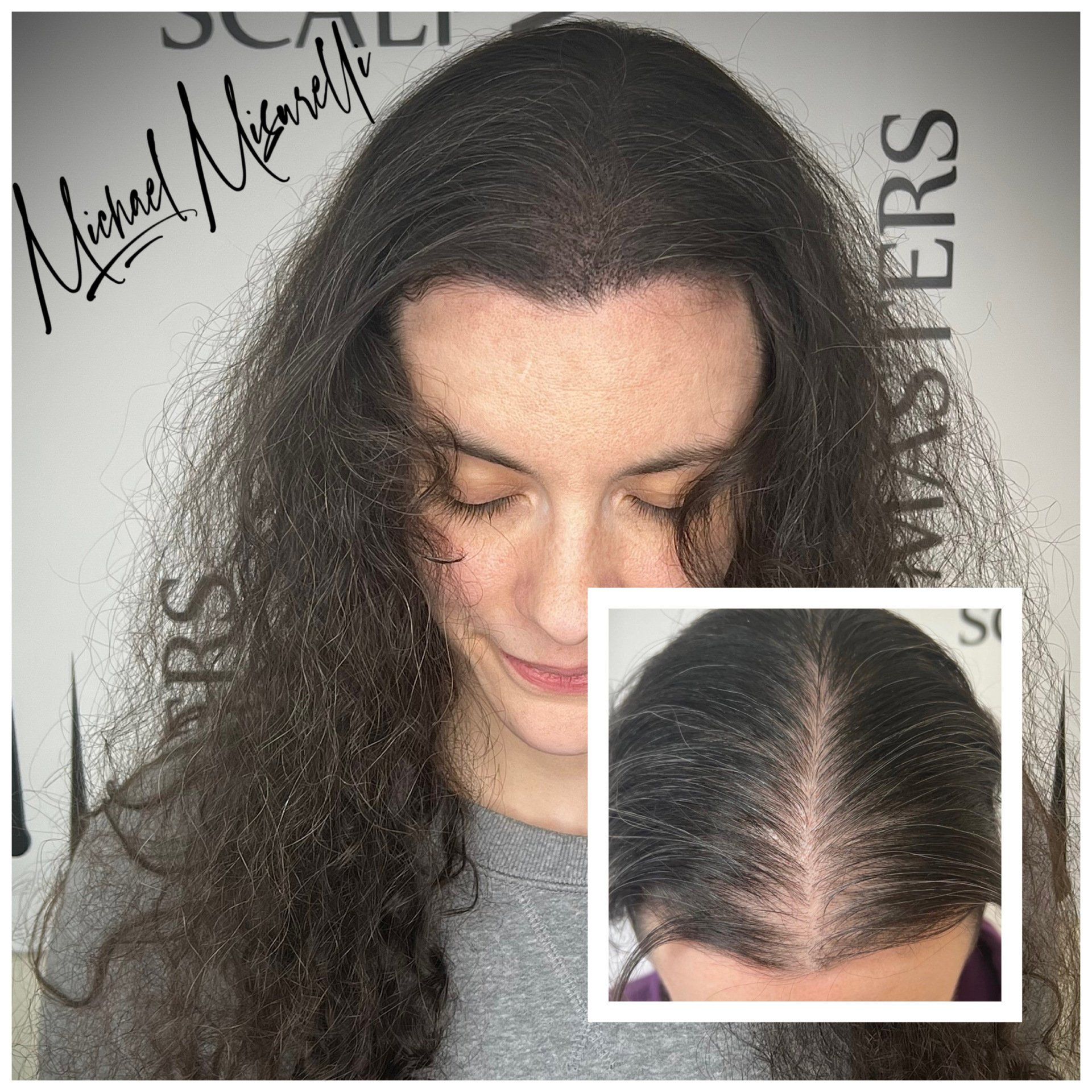 A woman with long hair has a before and after photo of her hair