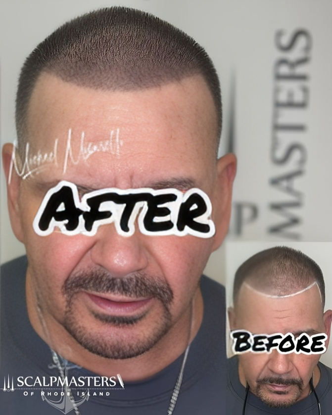 Scalp micropigmentation before and after. Man with a shaved head and hair transplant.