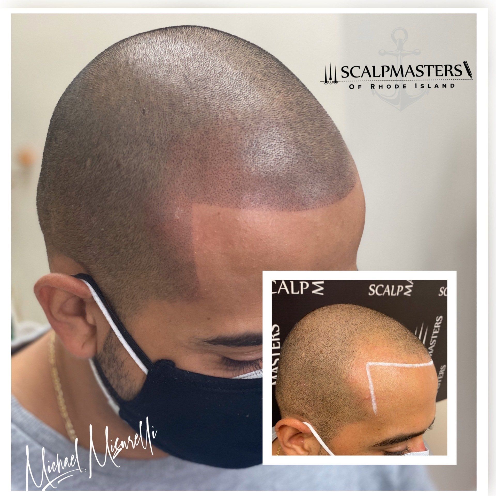 A man with a shaved head is wearing a black mask