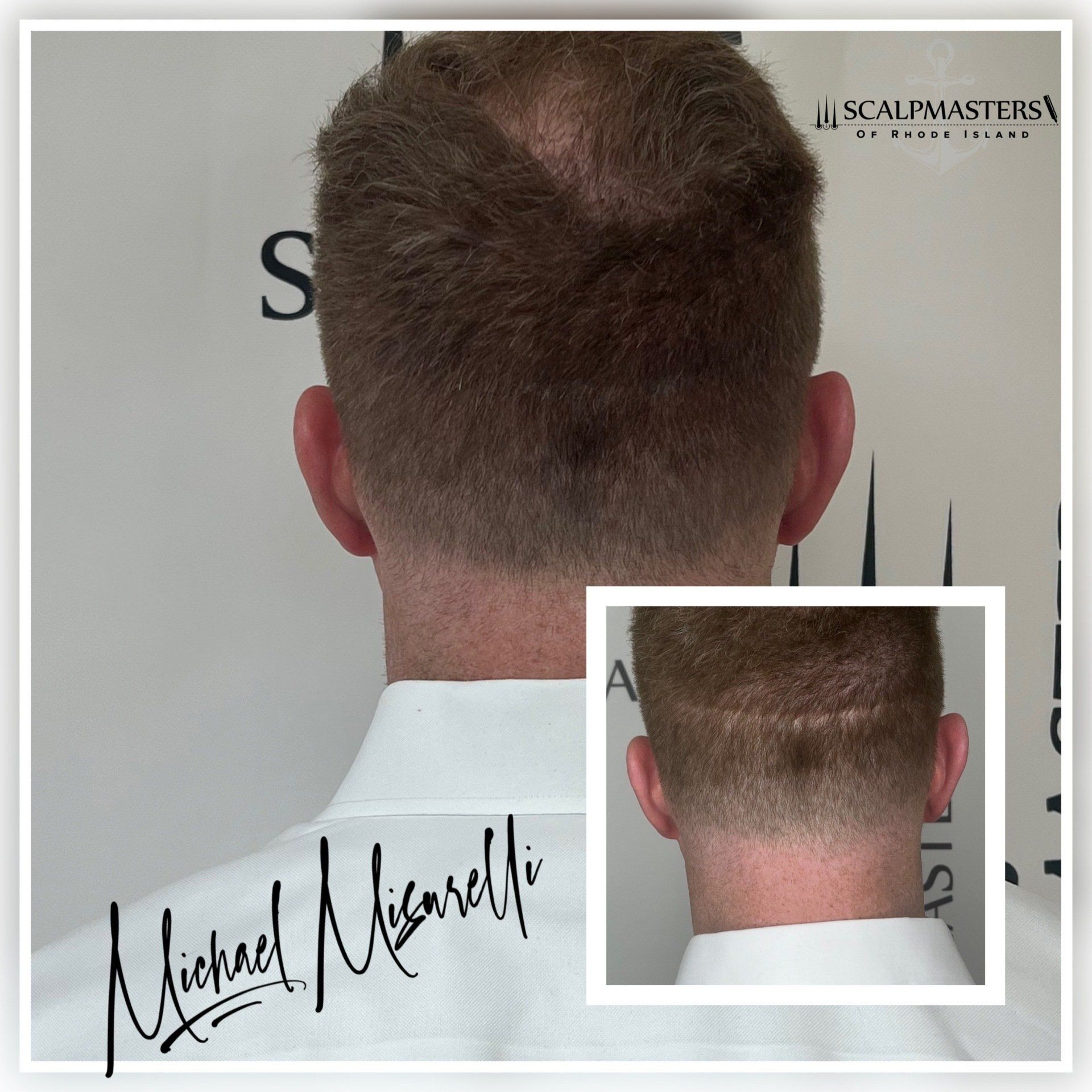 A close up of a man 's head with the name michael on it