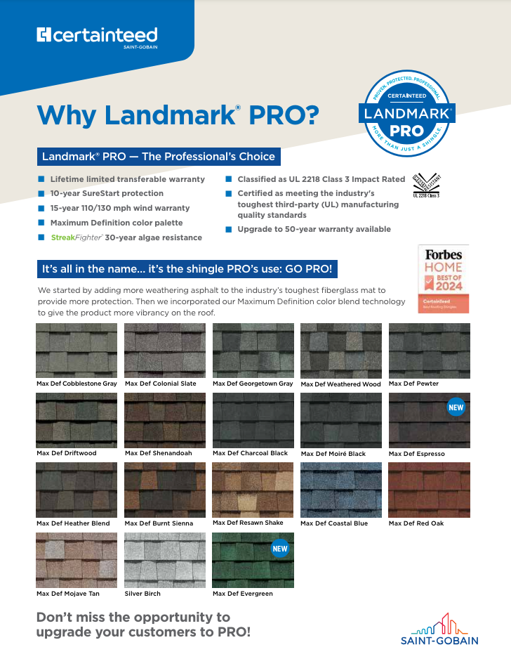 A brochure about why landmark pro is a roofing product.