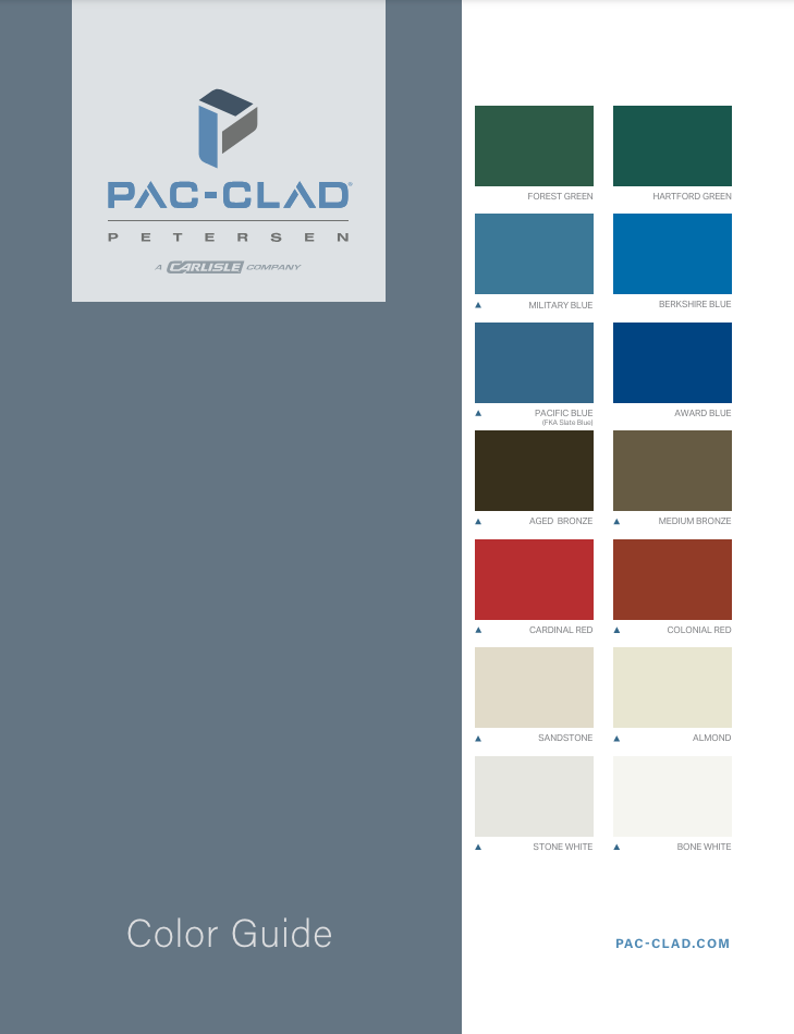 A color guide for pac-clad is shown on a white background.