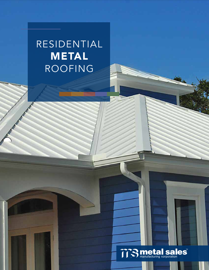 A blue house with a white metal roof.