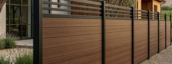 Brown slatted fence with horizontal metal rails beside a house exterior