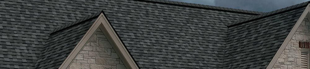 Gray shingled roof with two dormer windows and beige siding under overcast light