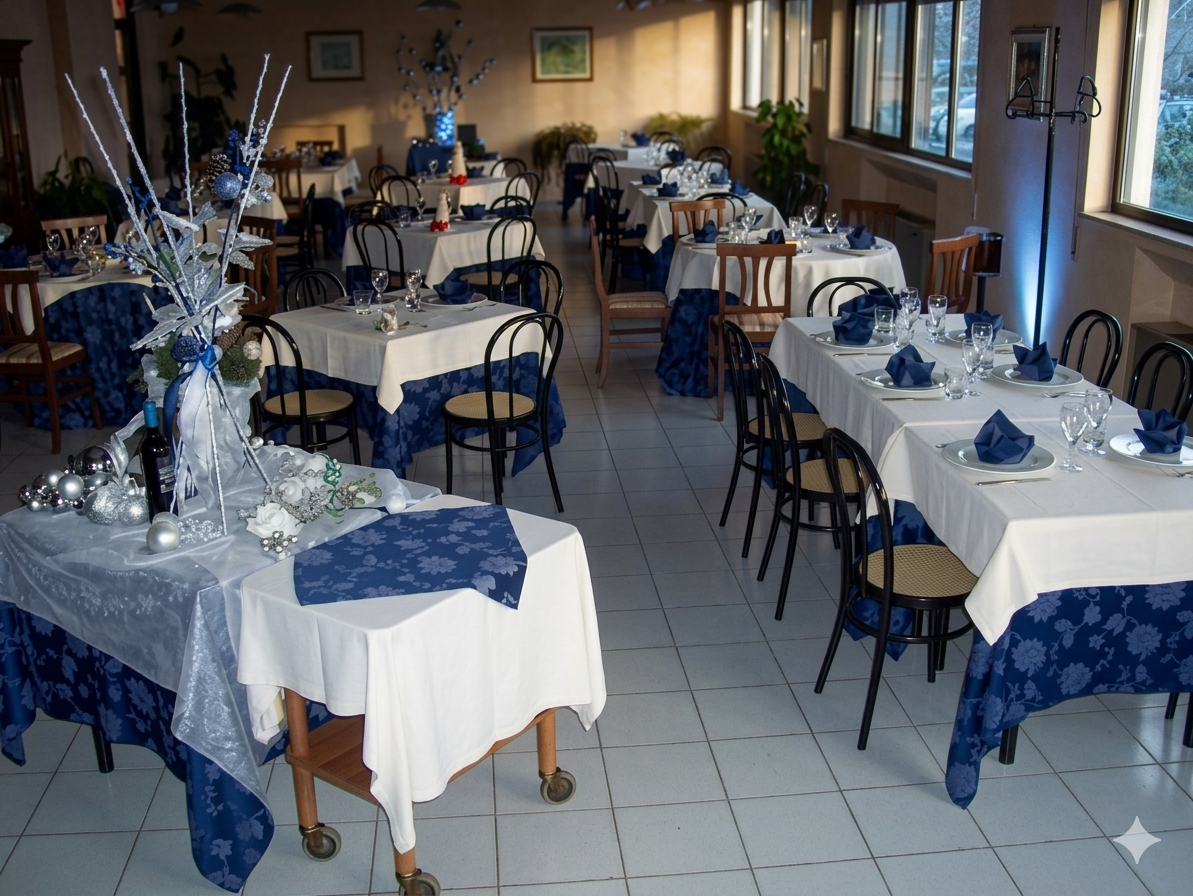Sala da banchetto decorata con tavoli e sedie bianchi e blu disposti per un evento