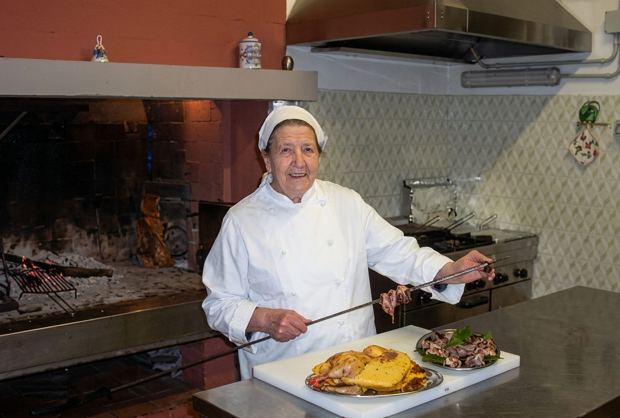 Uno chef in uniforme bianca impiatta il cibo in una cucina professionale accanto a un camino a vista.