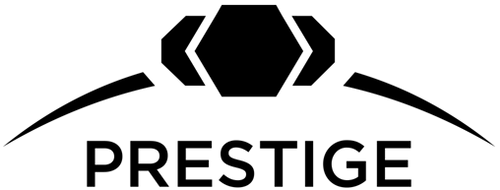 Logo noir présentant un hexagone central flanqué de deux chevrons, avec une arche incurvée en dessous et le texte « PRESTIGE ».