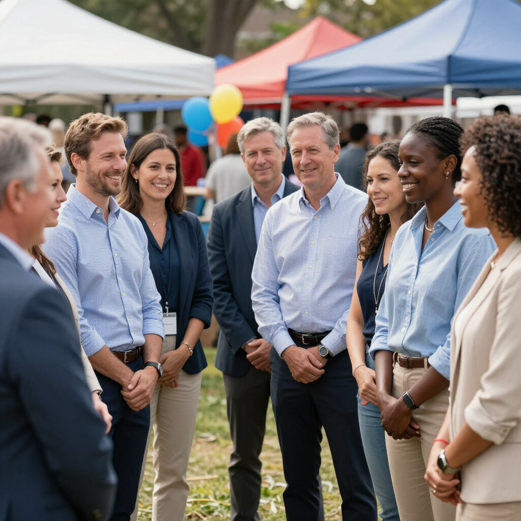 Group of people chatting outdoors at a community event with tents and balloons in the background