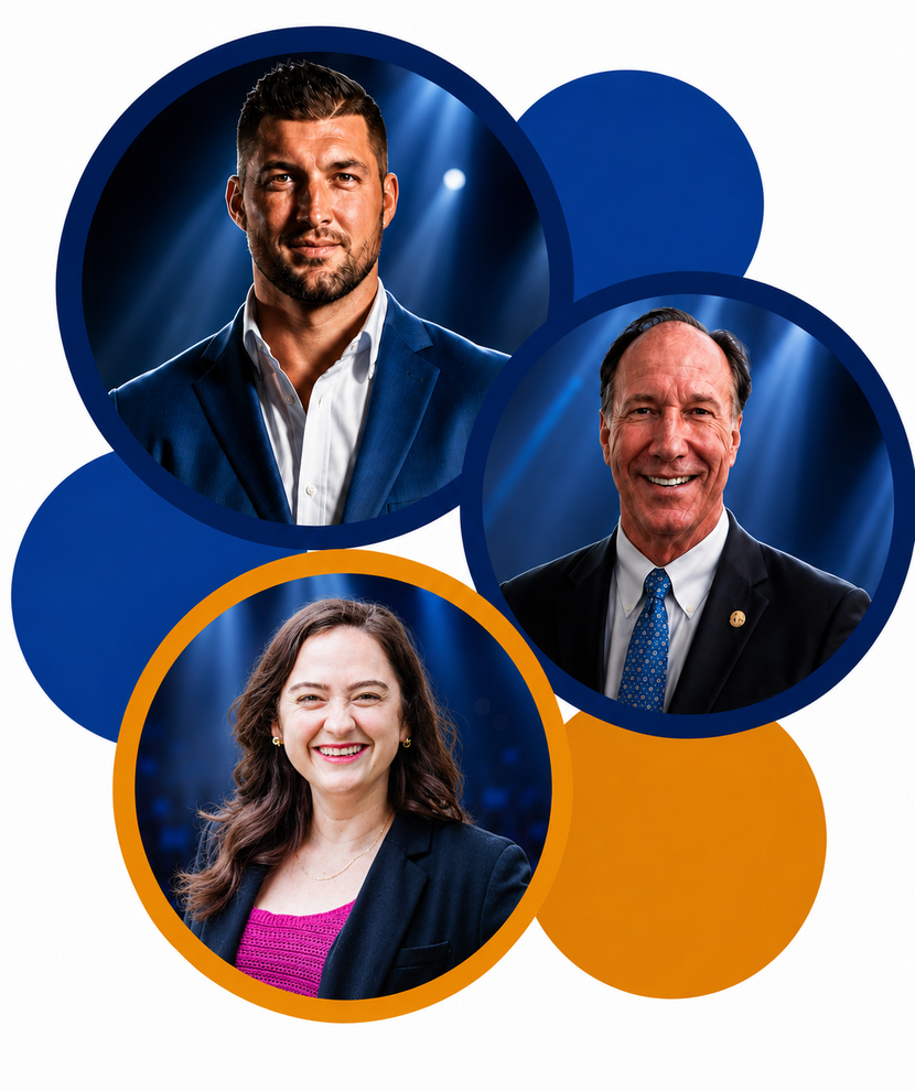 Three circular headshots on blue and orange background
