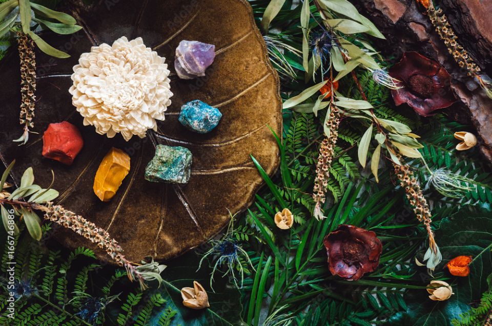 different types of crystals lying on leaves for healing purpose