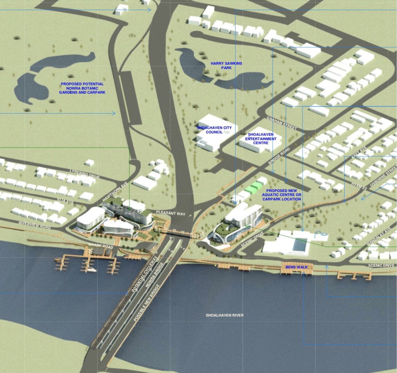 Aerial view of a coastal town with a bridge, buildings, road, and water.