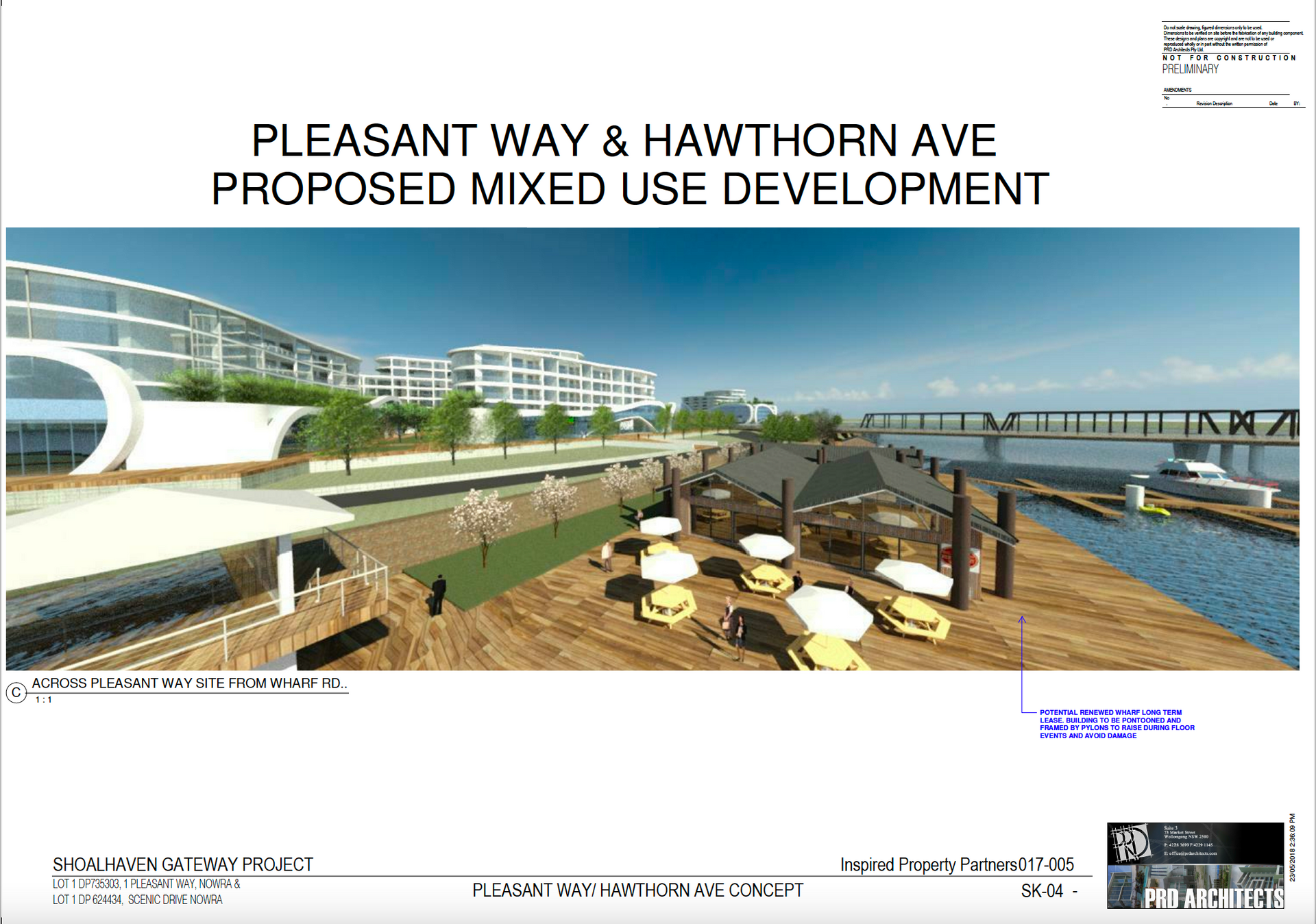 Proposed mixed-use development rendering at Pleasant Way & Hawthorne Ave, showcasing waterfront structures and pier dining.