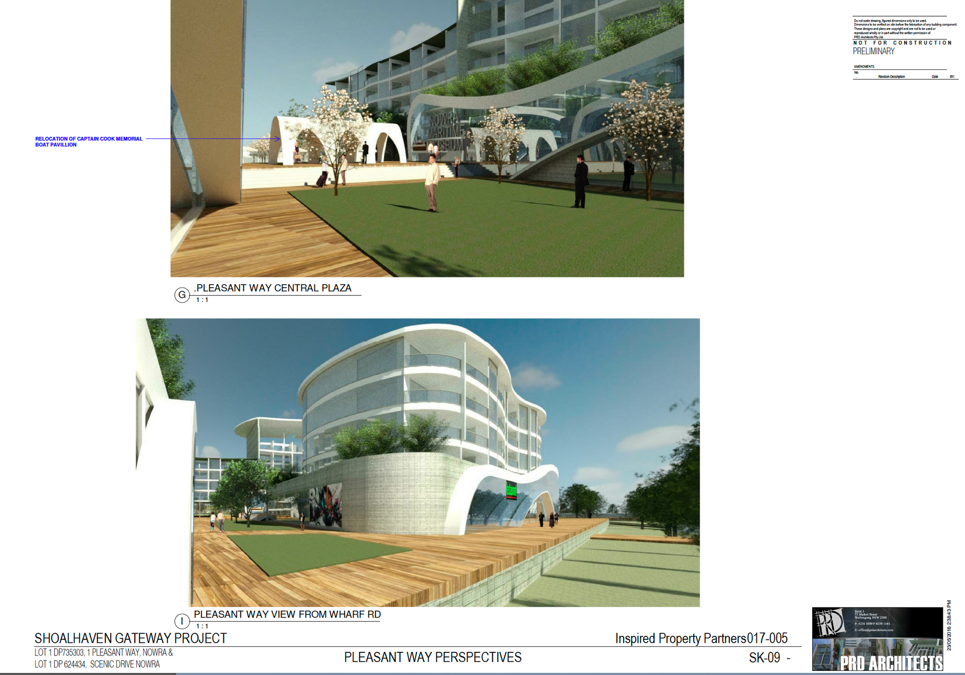 Two architectural renderings of a modern building with curved balconies, green space, and figures.