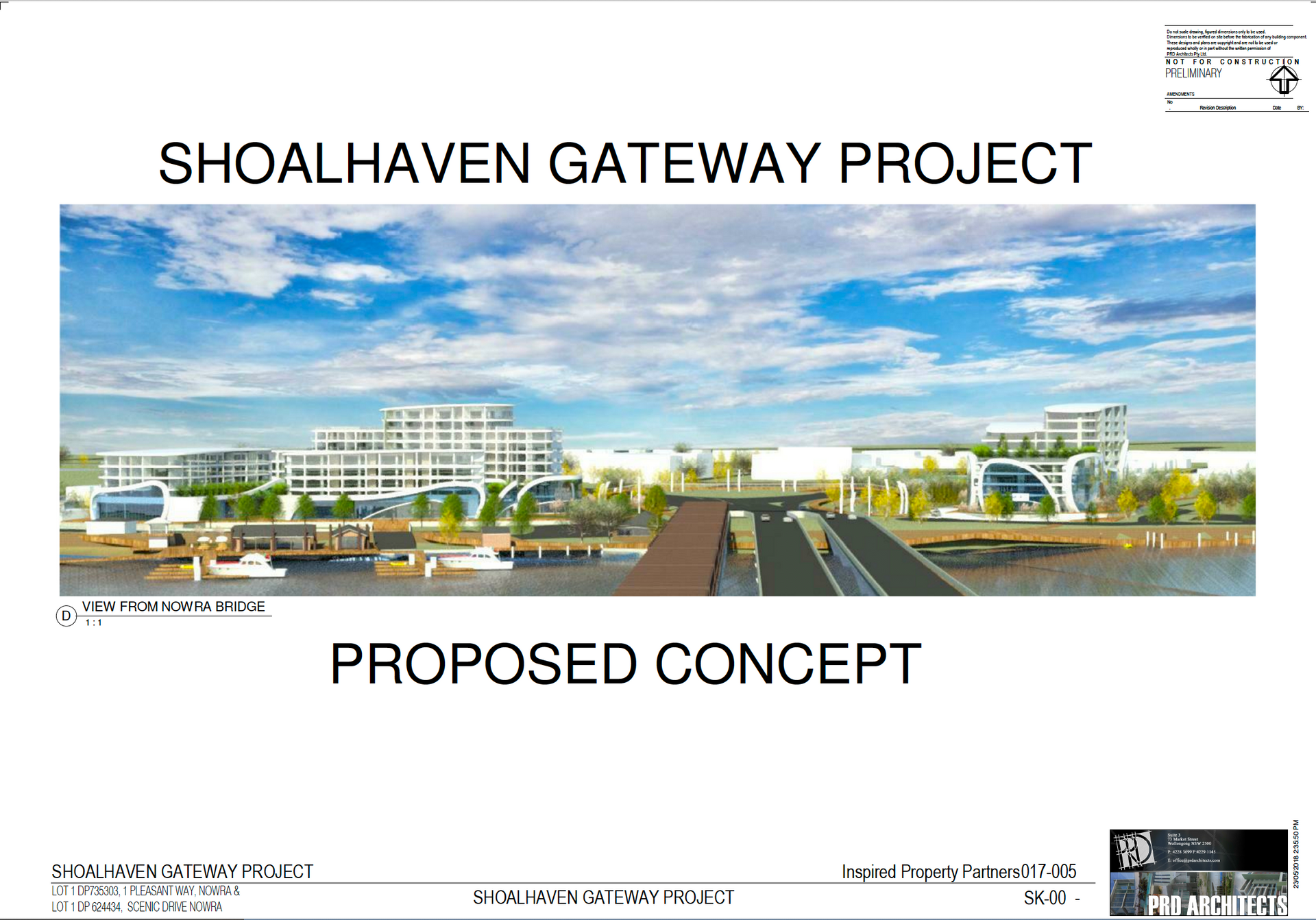 Shoalhaven Gateway Project, proposed concept. Waterfront development with buildings, bridge, pier, and blue sky.