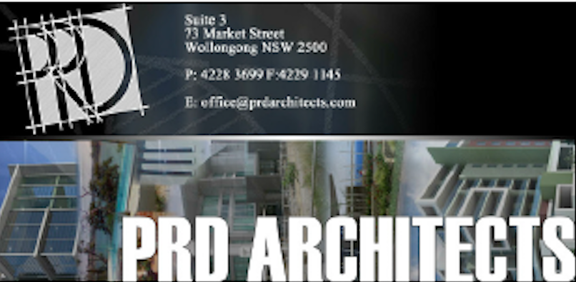 Business card for PRD Architects: logo, address, phone, email, and photos of buildings.
