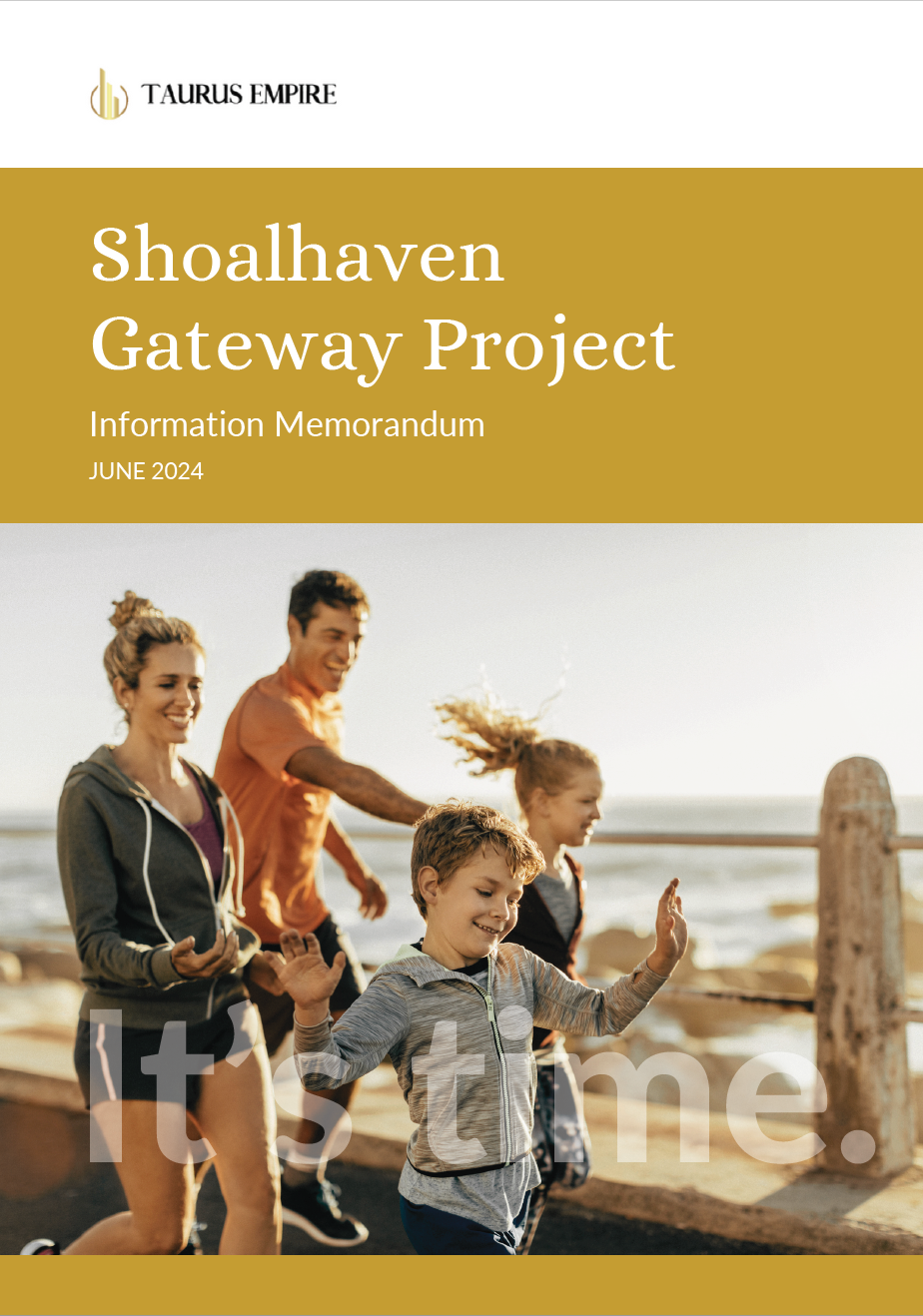 Shoalhaven Gateway Project information memorandum cover, featuring a family running near the coast. Gold header, blue sea.