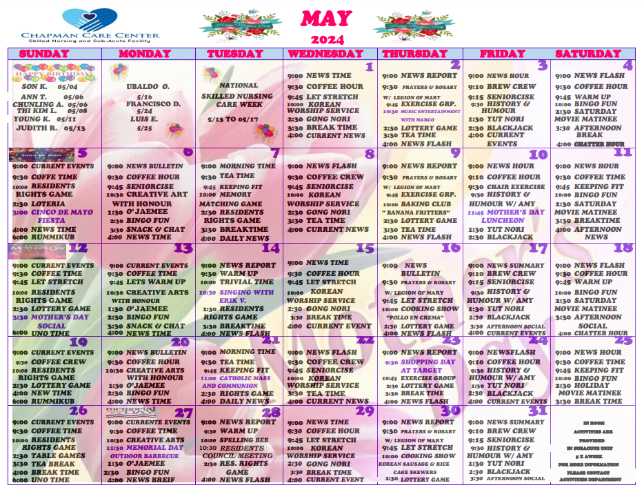 English Activity Calendar | Chapman Care Center