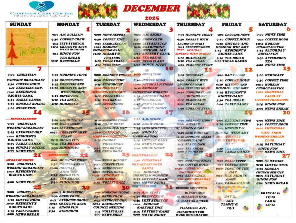 English Activity Calendar | Chapman Care Center English Activity Calendar | Chapman Care Center