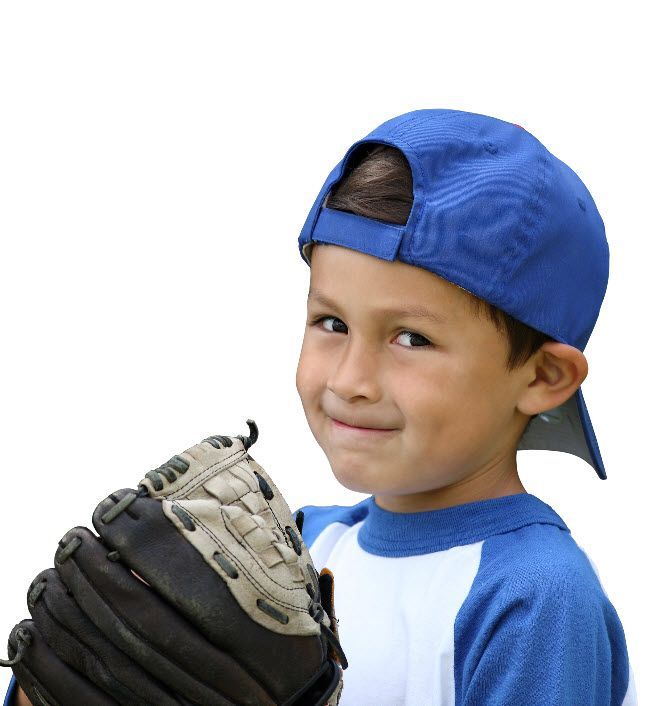 Smiling boy in baseball uniform and baseball glove