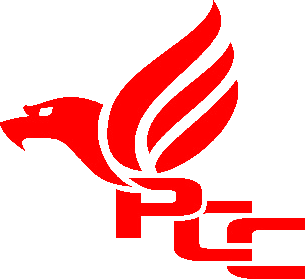 A red bird with wings and the letter p on a white background