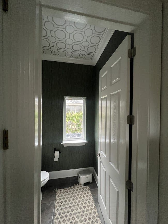 Interior view of a small bathroom with dark green walls, a patterned ceiling, and a partially open white door.