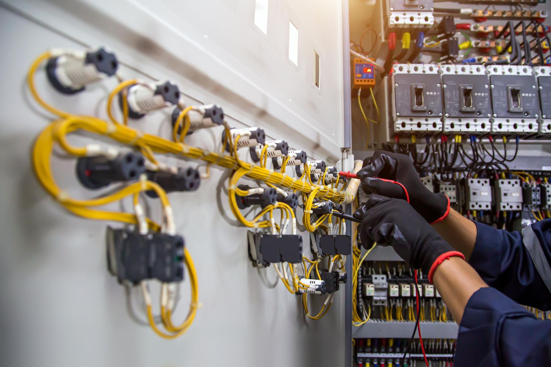 Technician working on electrical control panel with yellow cables and relays in a wiring room