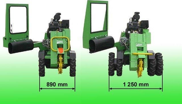 Ein grüner Traktor mit Maßangaben an der Seite