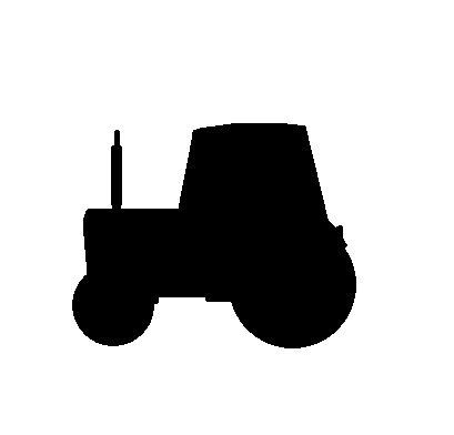 Eine schwarze Silhouette eines Traktors auf weißem Hintergrund.