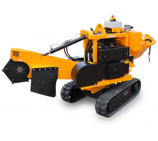 Eine gelb-schwarze Maschine mit Ketten auf weißem Hintergrund