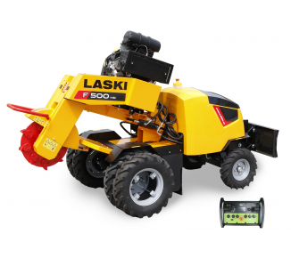 Eine gelbe Laski F500 Stubbenfräse auf weißem Hintergrund