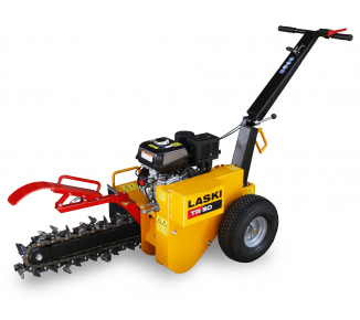 Ein gelber Laski-Traktor mit einer daran befestigten Kettensäge