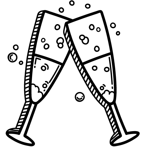 A black and white drawing of two champagne flutes toasting each other.
