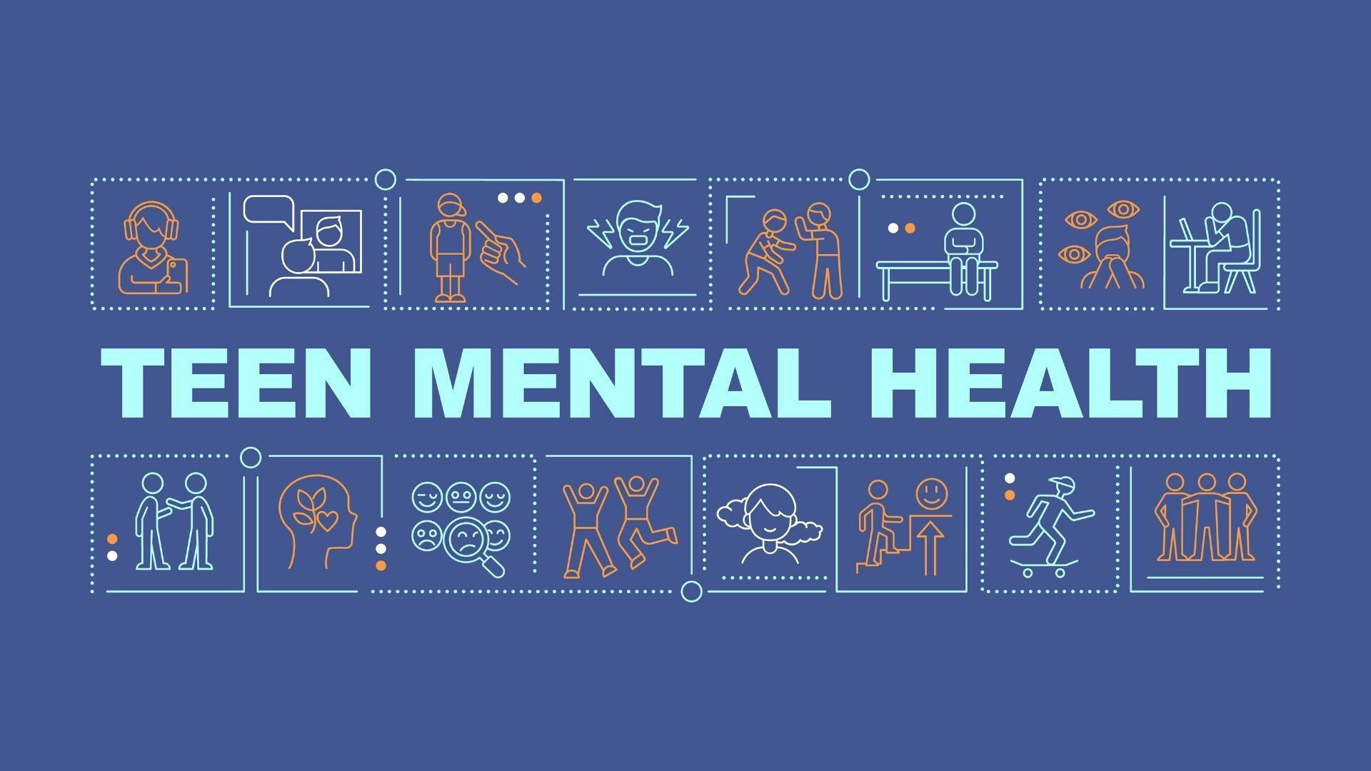 Teen Mental Health text on blue background with small line icons of teens and counseling scenes