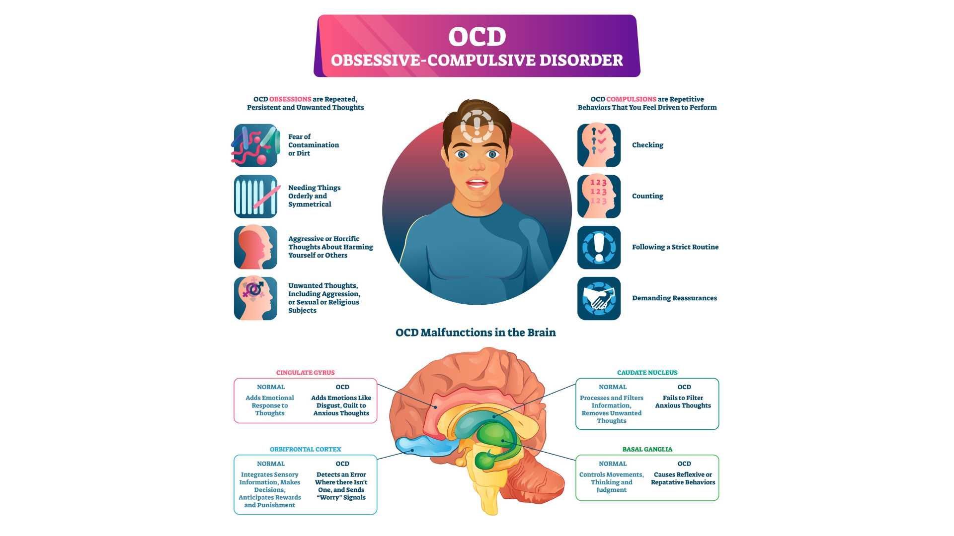 Infographic on OCD with a central head illustration, symptom icons, and a labeled brain diagram explaining the disorder