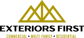 A gold line-art mountain logo above the text "EXTERIORS FIRST" followed by "COMMERCIAL • MULTI-FAMILY • RESIDENTIAL".