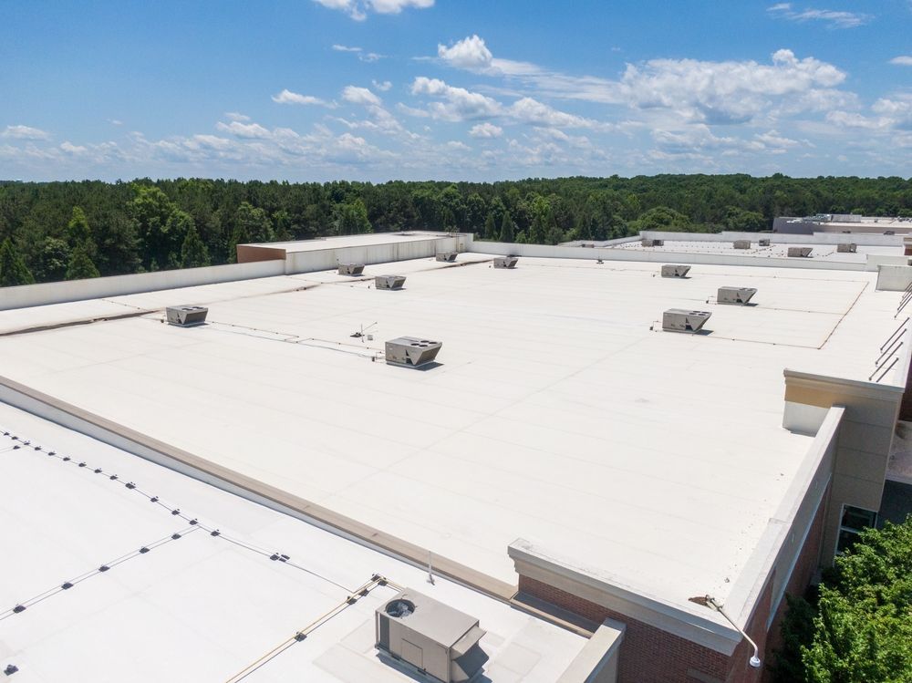 White commercial rooftop with HVAC units above a green tree line under a blue sky
