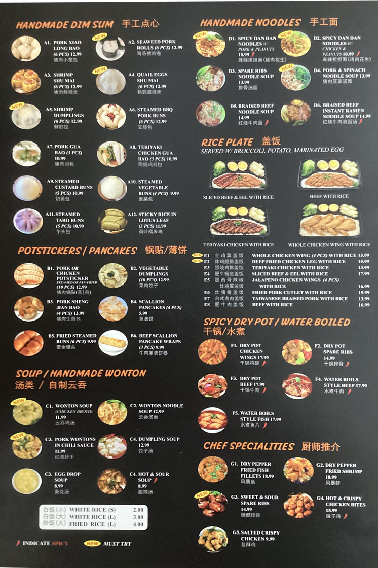 Black menu board with multiple sushi and poke bowl photos, prices, and item descriptions.