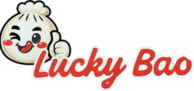 Lucky Bao logo with a smiling steamed bun mascot and red script text