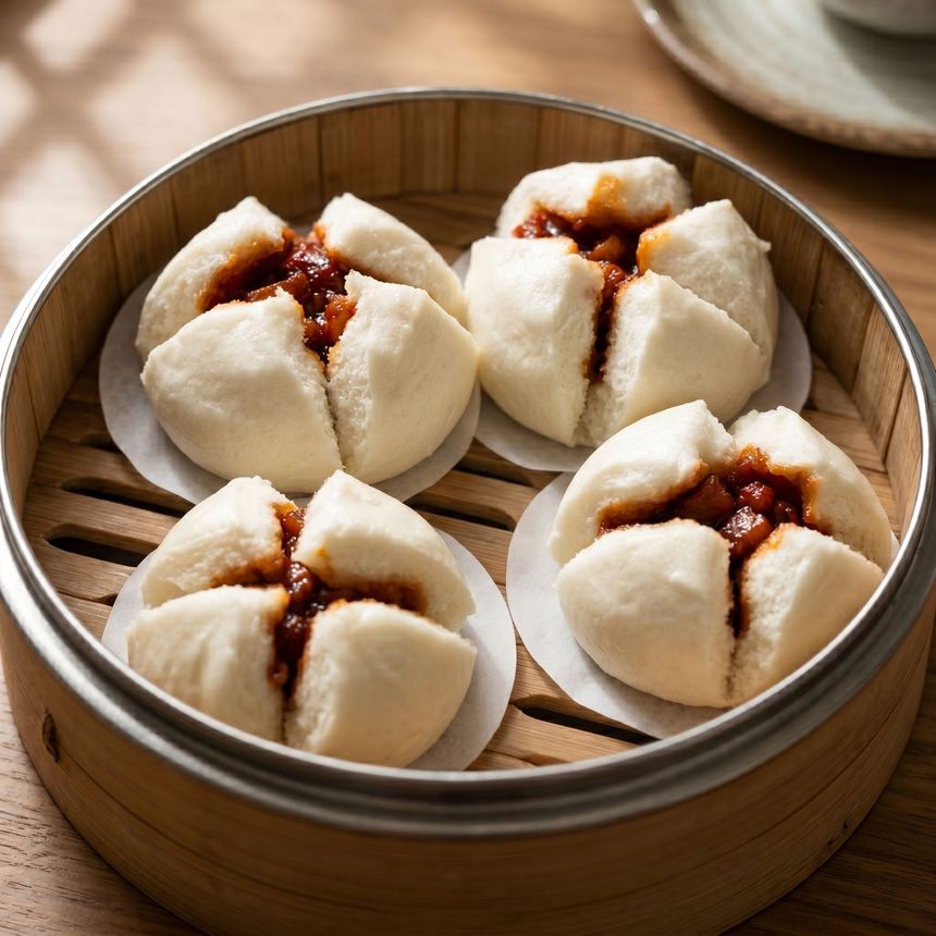 Four steamed buns in a bamboo steamer, each split open to reveal red bean filling.