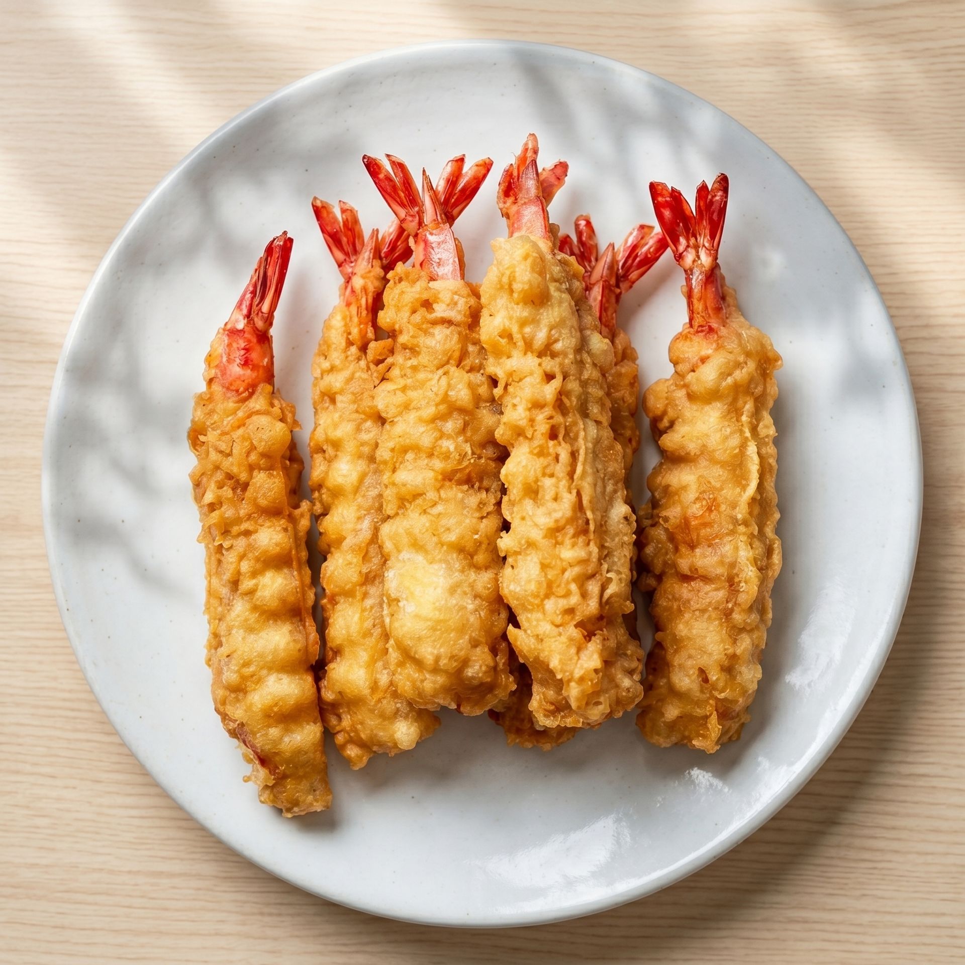 Five golden fried shrimp on a white plate
