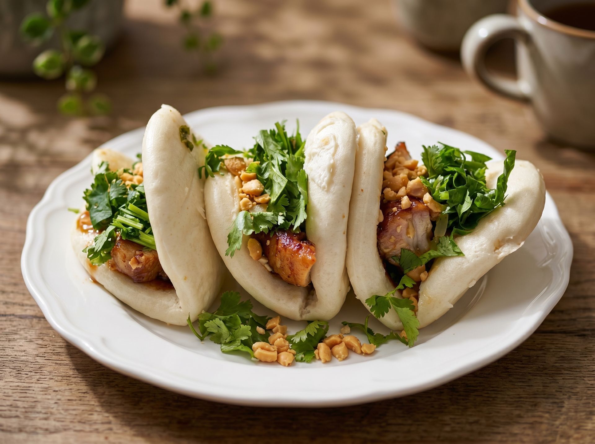 Three steamed bao buns filled with meat and herbs on a white plate on a wooden table